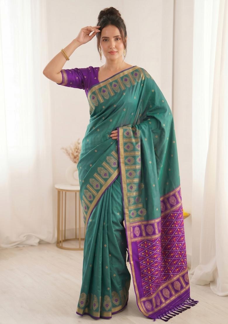 Teal Green Zari Work Silk Blend Saree Set - Indya