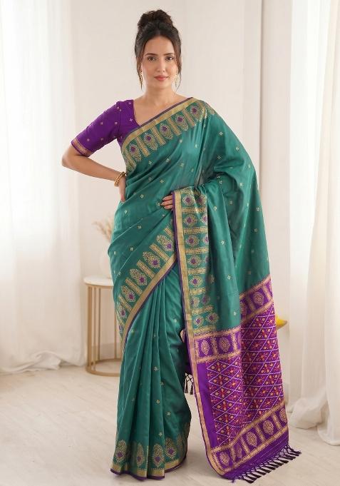 Teal Green Zari Work Silk Blend Saree Set