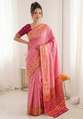 Baby Pink Zari Work Silk Blend Saree Set