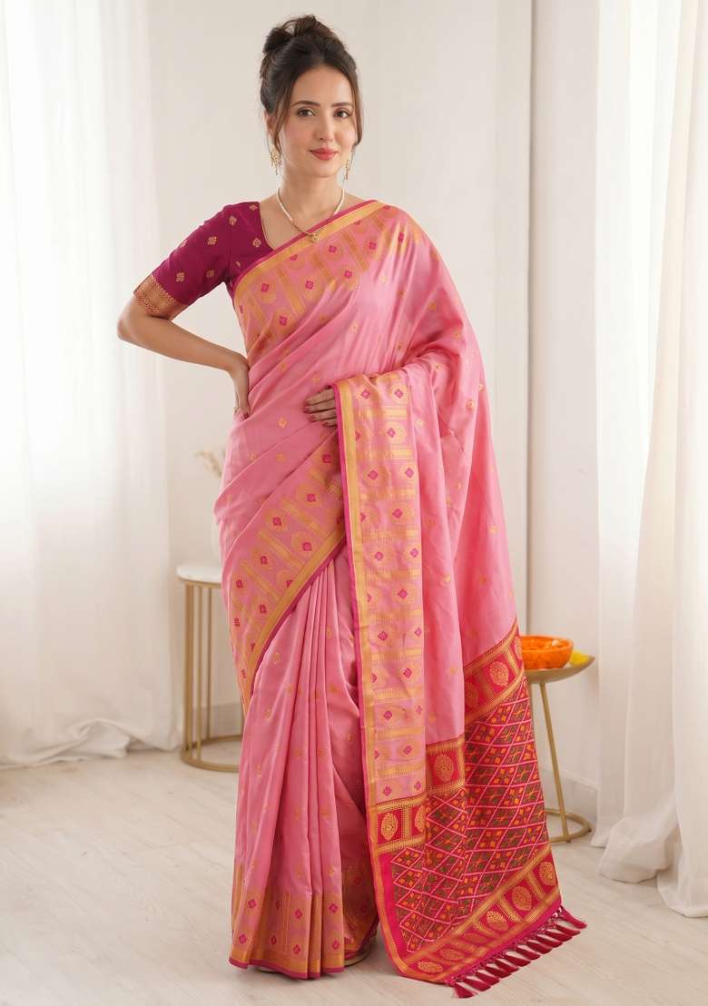 Baby Pink Zari Work Silk Blend Saree Set - Indya