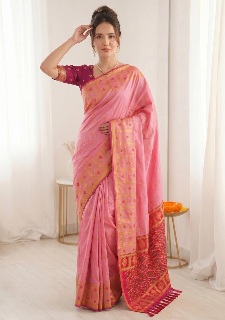 Baby Pink Zari Work Silk Blend Saree Set - Indya