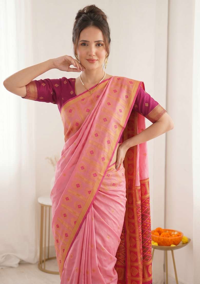 Baby Pink Zari Work Silk Blend Saree Set - Indya