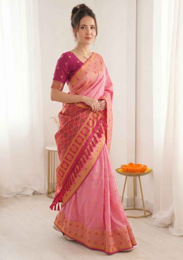 Baby Pink Zari Work Silk Blend Saree Set - Indya
