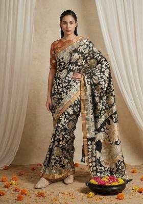 Black Printed Silk Blend Saree Set
