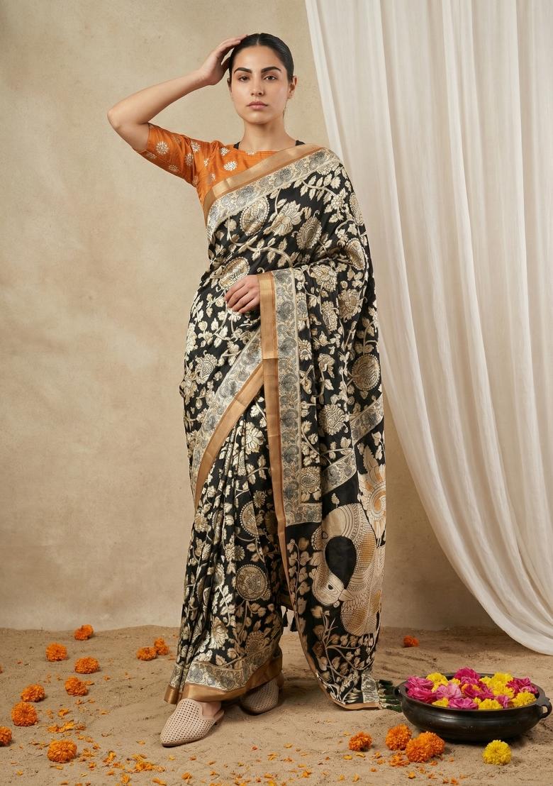 Black Printed Silk Blend Saree Set - Indya