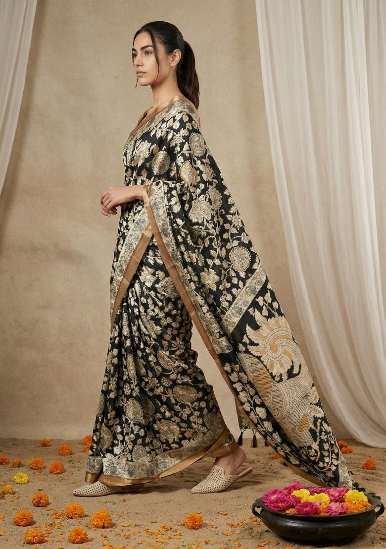 Black Printed Silk Blend Saree Set - Indya