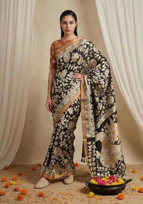 Black Printed Silk Blend Saree Set