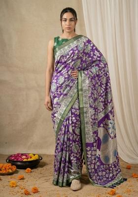 Purple Printed Silk Blend Saree Set