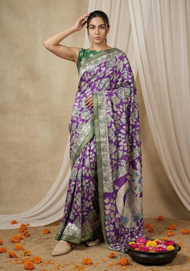 Purple Printed Silk Blend Saree Set - Indya