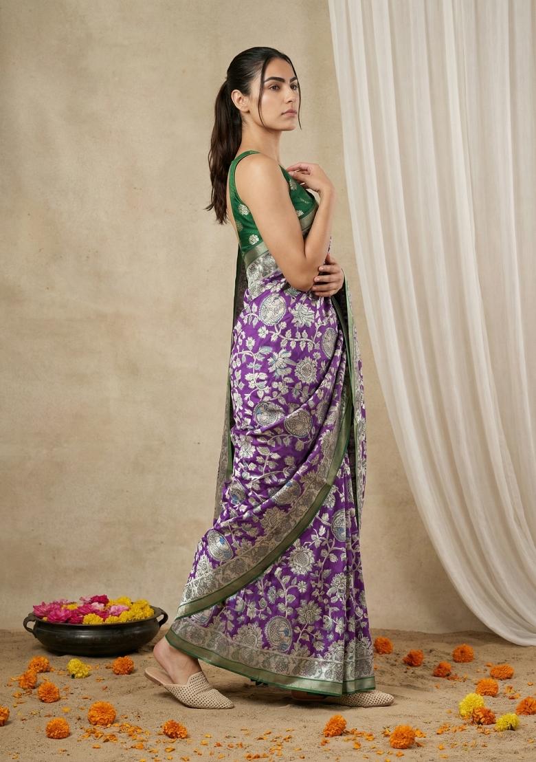 Purple Printed Silk Blend Saree Set - Indya
