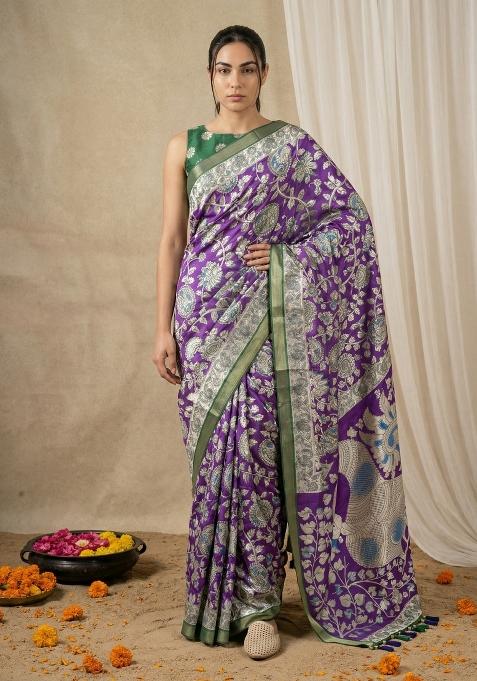 Purple Printed Silk Blend Saree Set