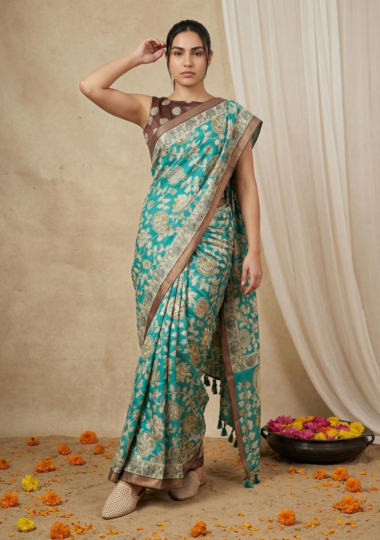 Rama Printed Silk Blend Saree Set - Indya