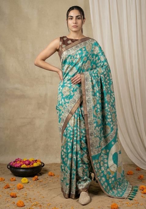 Rama Printed Silk Blend Saree Set