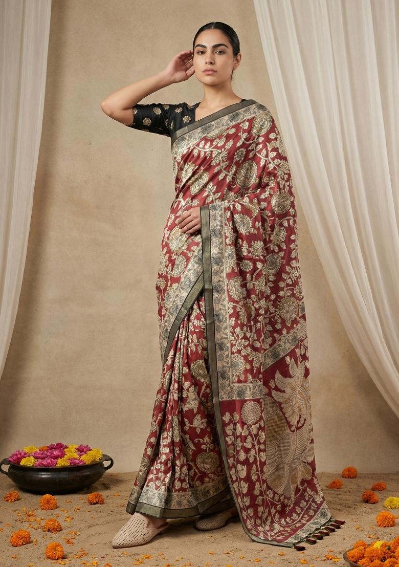Red Printed Silk Blend Saree Set - Indya