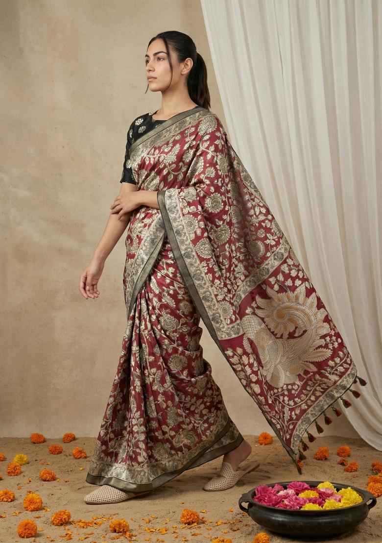 Red Printed Silk Blend Saree Set - Indya