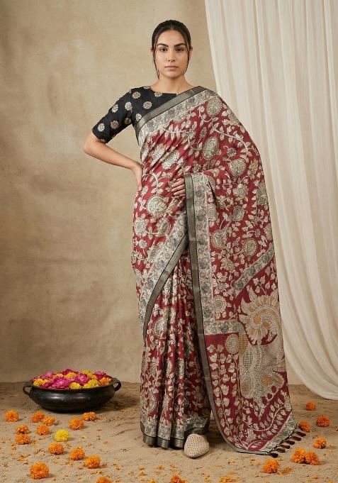 Red Printed Silk Saree Set