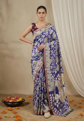 Violet Printed Silk Blend Saree Set