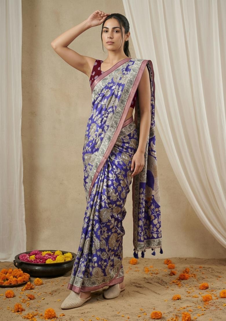 Violet Printed Silk Blend Saree Set - Indya