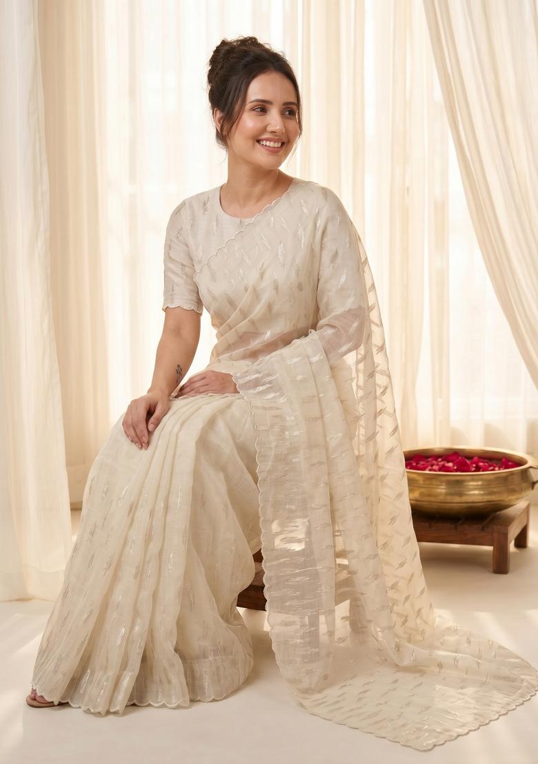Cream Turkish Work Organza Saree Set - Indya