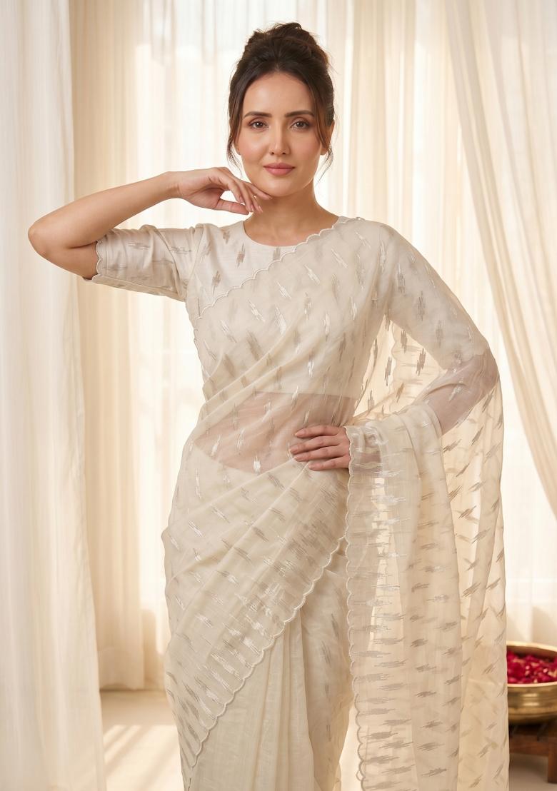 Cream Turkish Work Organza Saree Set - Indya
