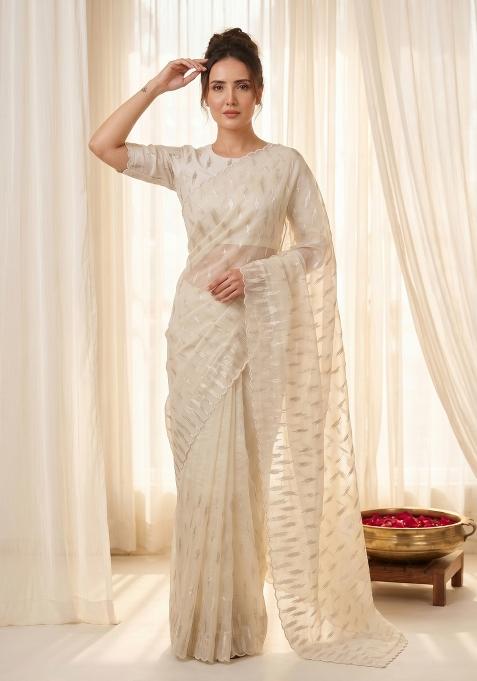 Cream Turkish Work Organza Saree Set