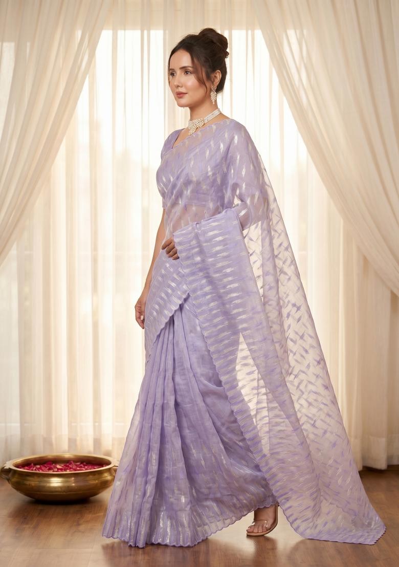 Lavender Turkish Work Organza Saree Set - Indya