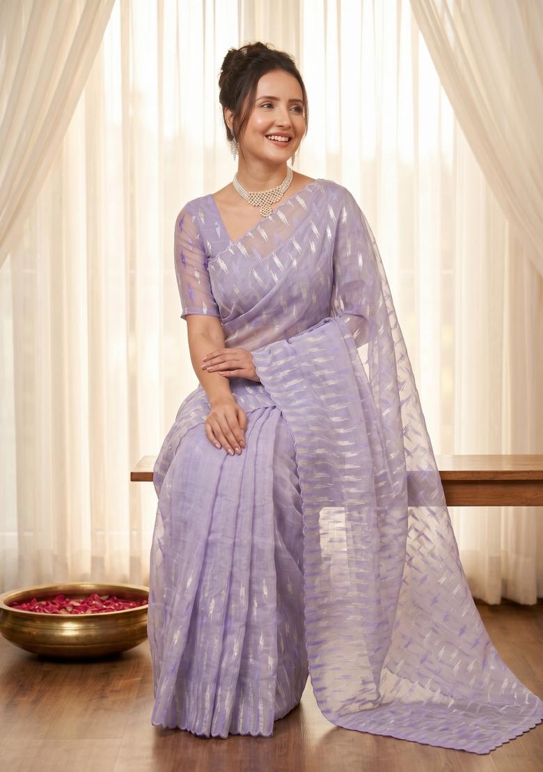 Lavender Turkish Work Organza Saree Set - Indya