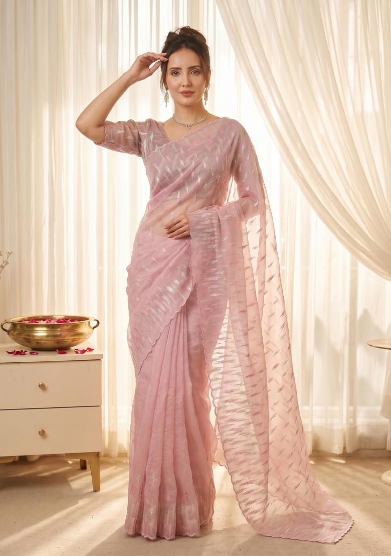 Pink Turkish Work Organza Saree Set - Indya