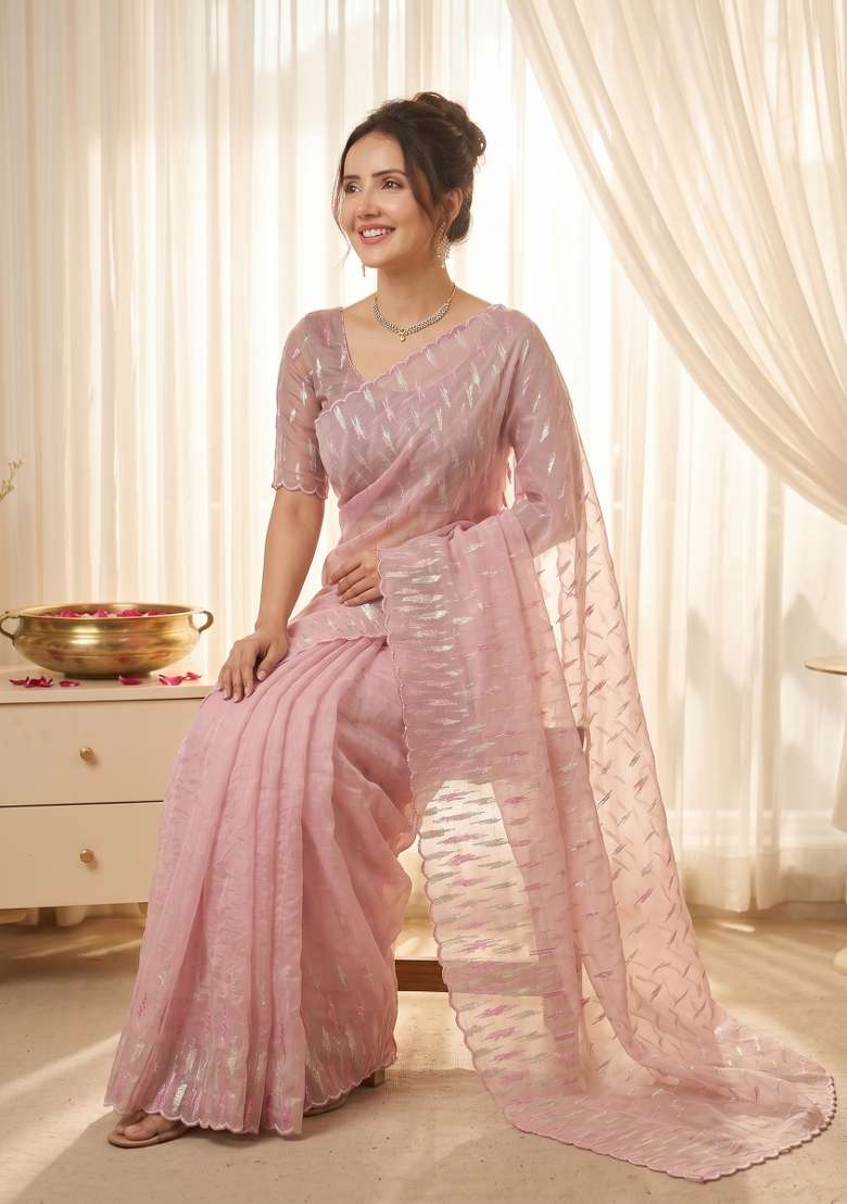 Pink Turkish Work Organza Saree Set - Indya