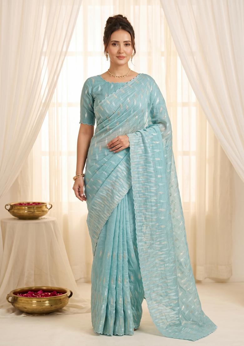 Sky Blue Turkish Work Organza Saree Set - Indya