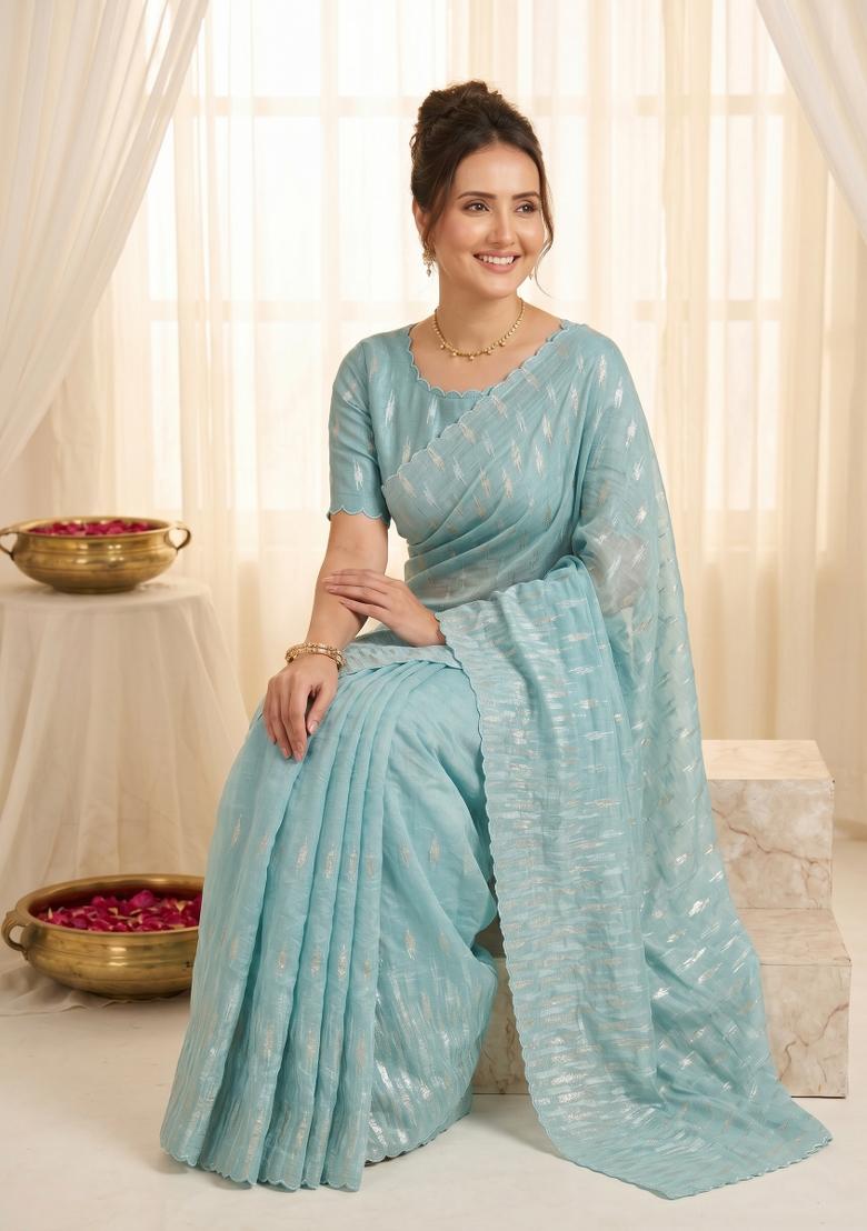 Sky Blue Turkish Work Organza Saree Set - Indya