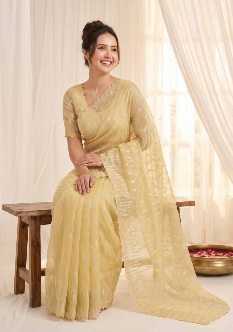 Yellow Turkish Work Organza Saree Set - Indya