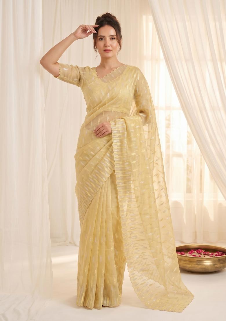 Yellow Turkish Work Organza Saree Set - Indya