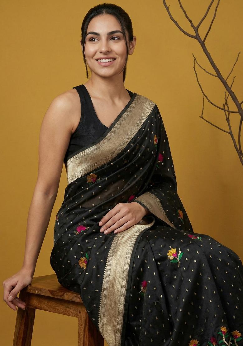 Black Weaving Organza Saree Set - Indya