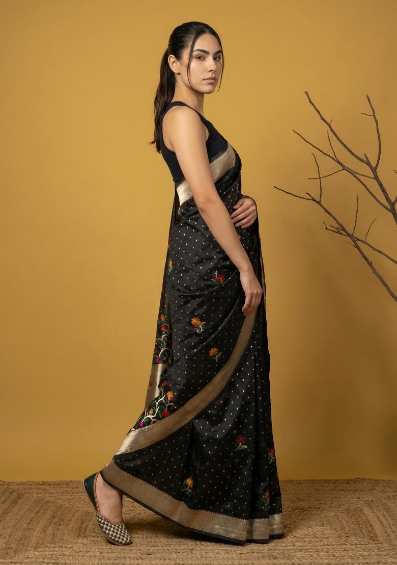 Black Weaving Organza Saree Set - Indya
