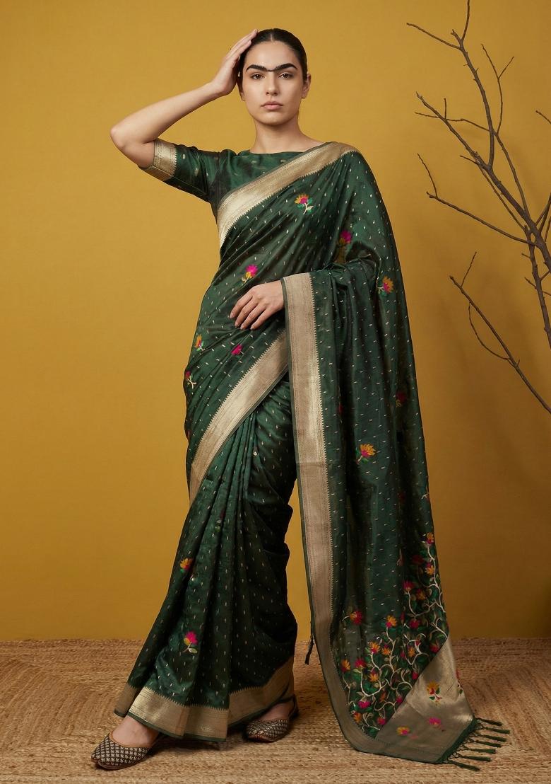 Bottle Green Weaving Organza Saree Set - Indya