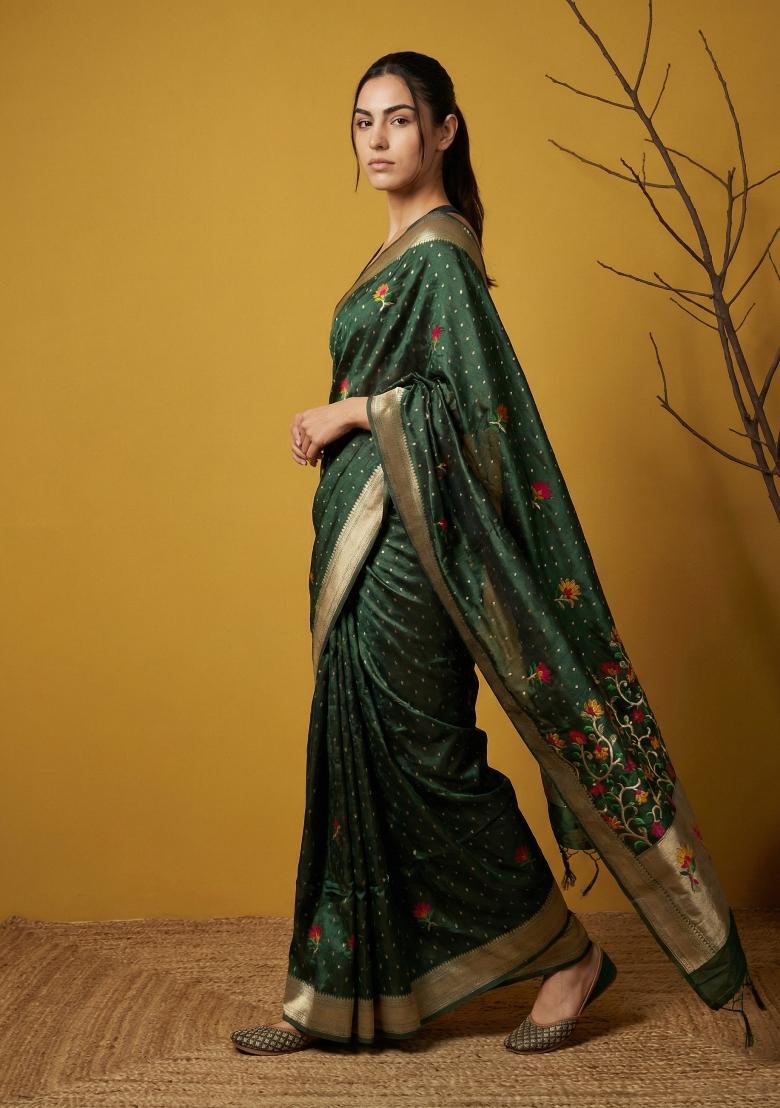 Bottle Green Weaving Organza Saree Set - Indya