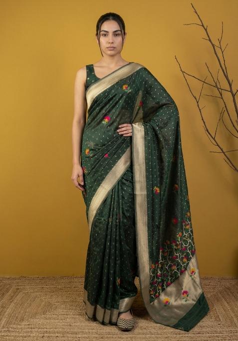 Bottle Green Weaving Organza Saree Set