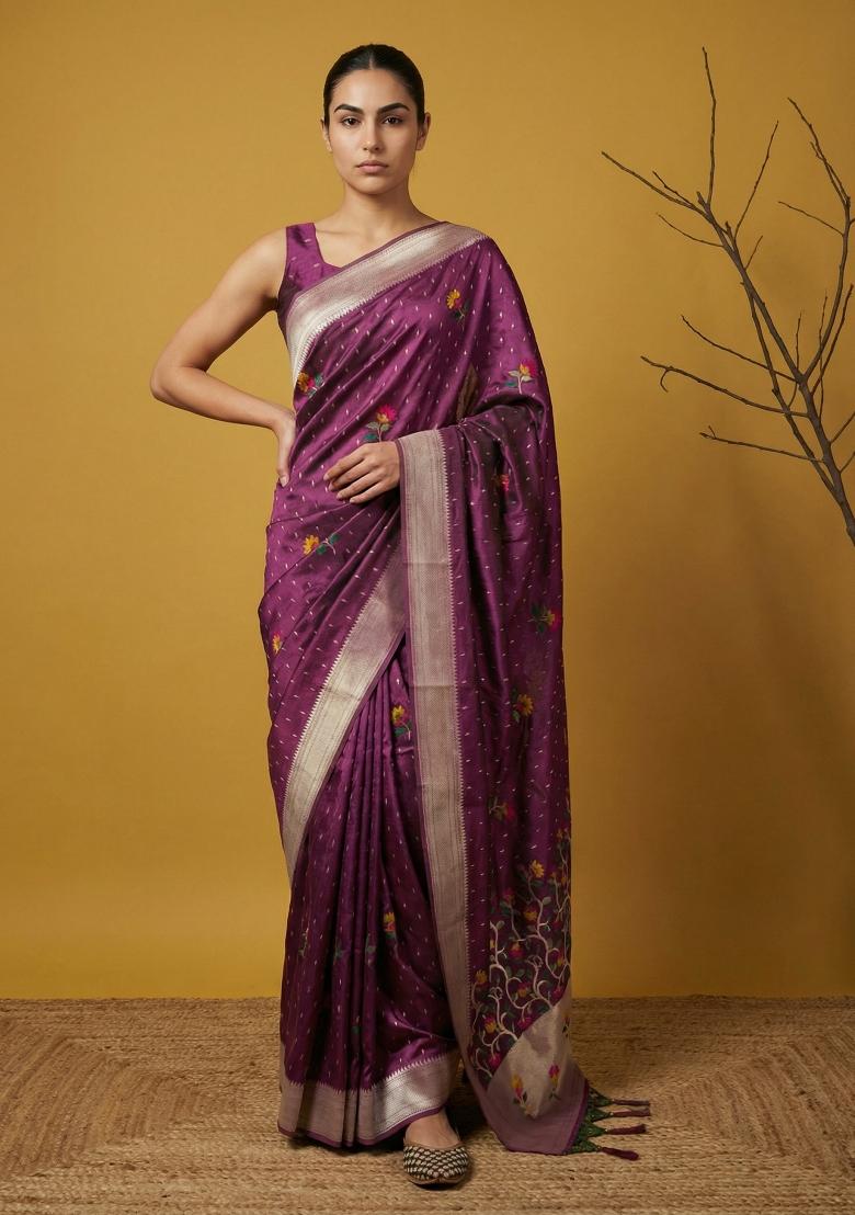 Dark Pink Weaving Organza Saree Set - Indya