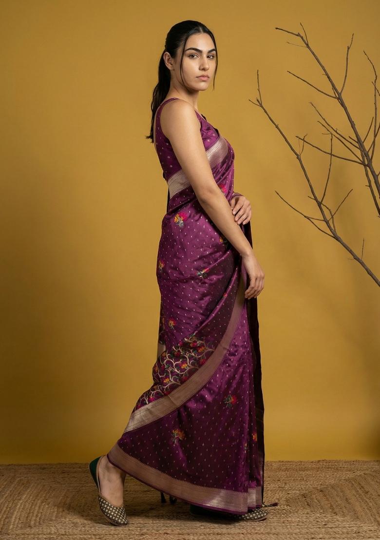 Dark Pink Weaving Organza Saree Set - Indya