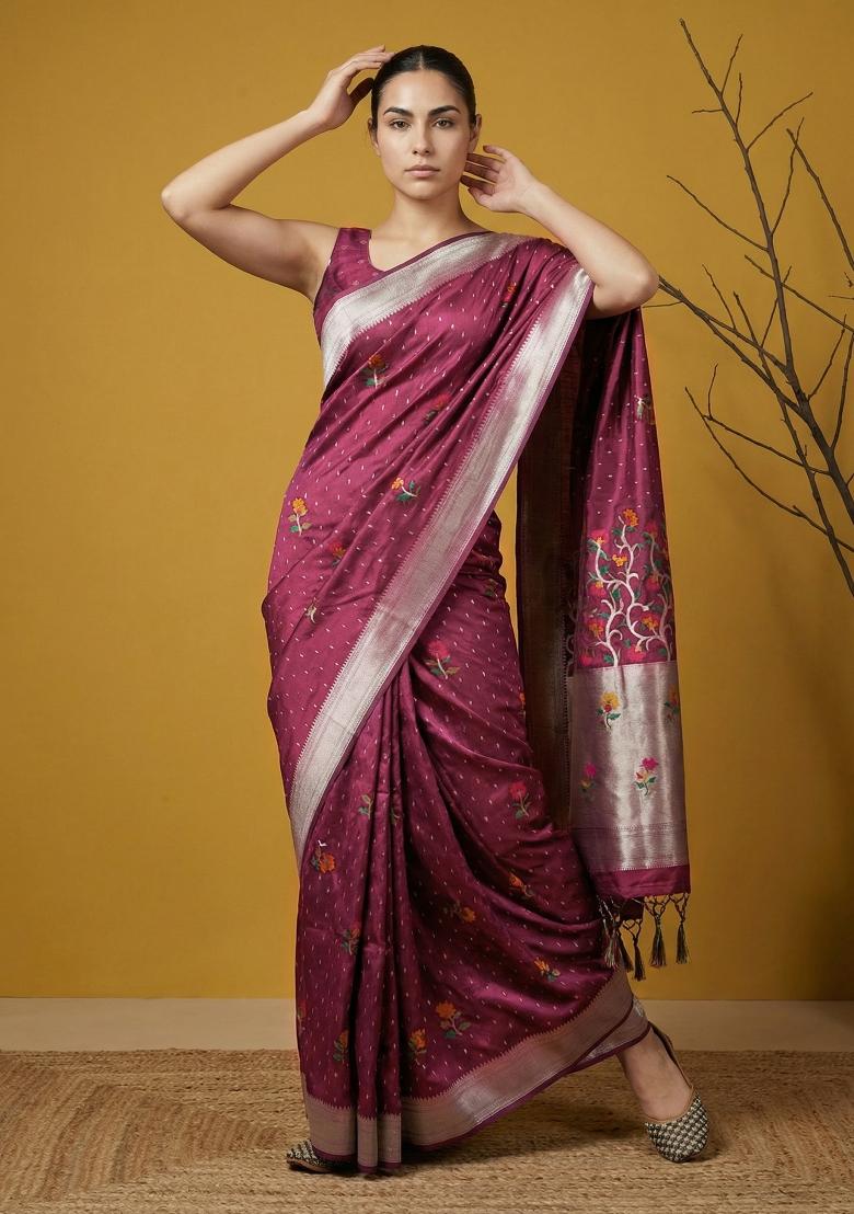 Maroon Weaving Organza Saree Set - Indya