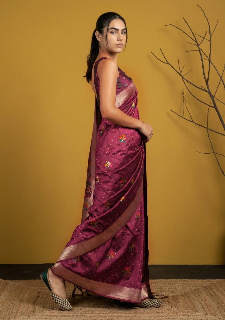 Maroon Weaving Organza Saree Set - Indya