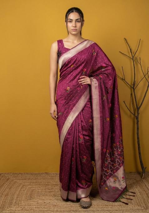 Maroon Weaving Organza Saree Set