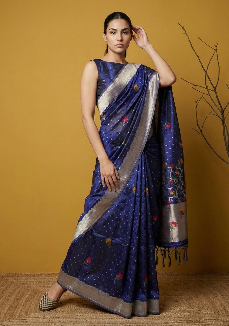 Royal Blue Weaving Organza Saree Set - Indya