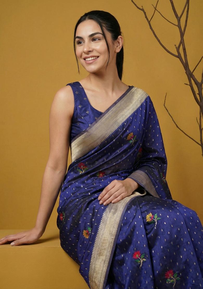 Royal Blue Weaving Organza Saree Set - Indya
