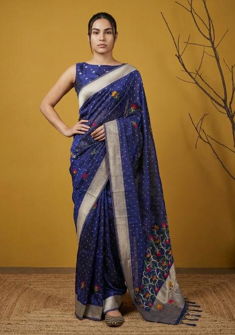 Royal Blue Weaving Organza Saree Set