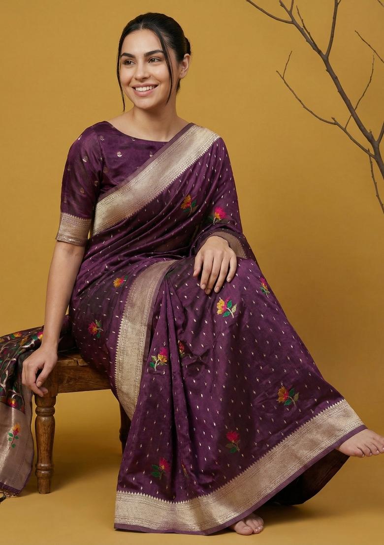 Wine Weaving Organza Saree Set - Indya