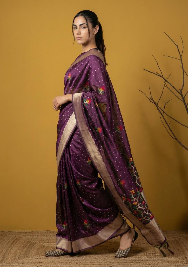 Wine Weaving Organza Saree Set - Indya