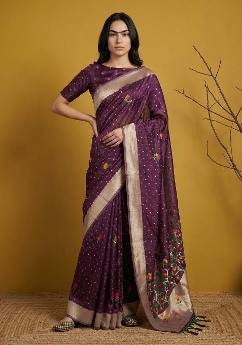 Wine Weaving Organza Saree Set