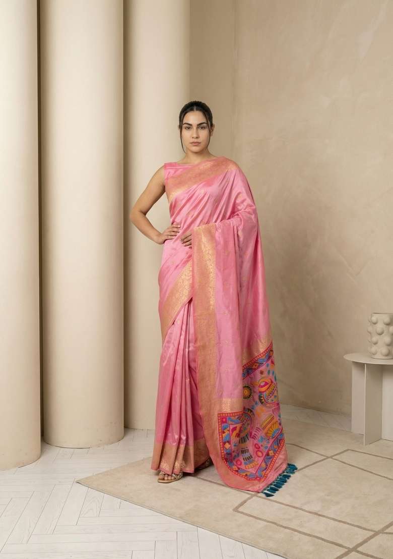 Baby Pink Zari Work Silk Blend Saree Set - Indya